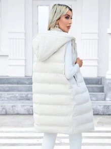 SHEIN Privé Zipper Drawstring Hooded Thickened Vest Jacket, Fall And Winter,Business Casual,Elegant,Camel,Long Sleeve - Apricot - View 2