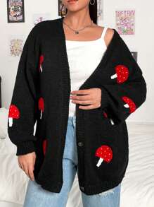 Flirla Plus Mushroom Embroidery Drop Shoulder Cardigan - Black - View 6
