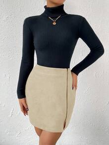 SHEIN Essnce 拉鏈開襟下擺開叉直筒半身裙 - 杏色 - 查看 4