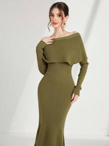 Modelyn Off Shoulder Asymmetrical Mermaid Hem Sweater Dress - Army Green - View 5