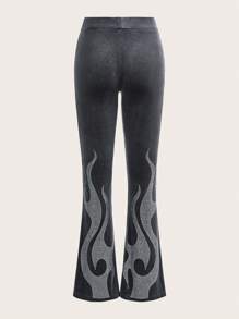 SHEIN ICON 水鑽火焰圖案喇叭褲 - 灰色 - 查看 2