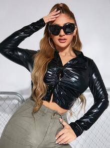 SHEIN SXY 褶邊前紐扣襯衫 - 黑色 - 查看 1