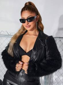 SHEIN SXY Fuzzy Bảng Dây kéo chất liệu da PU Áo khoác moto - màu đen - Xem 6