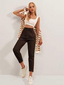 SHEIN Cottnline Solid Fold Pleated Carrot Pants - Brown - View 3