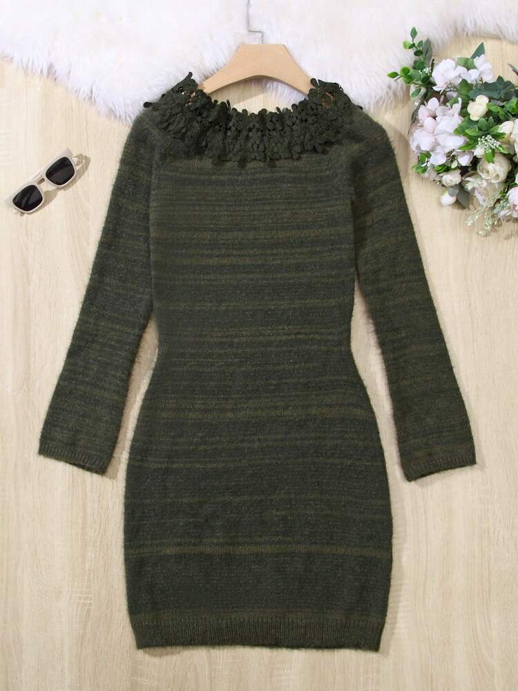 Striped Pattern Contrast Lace Trim Sweater Dress Fall Cloth For Women