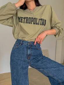 DAZY Letter Graphic Drop Shoulder Blouse - Army Green - View 8