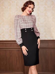 SHEIN DECDS Plaid Print Button Detail Lantern Sleeve 2 In 1 Dress - Multicolor - View 7