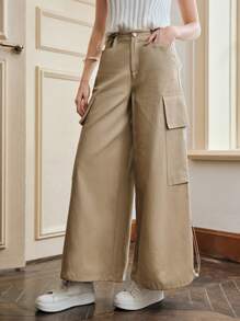 Anewsta Drawstring Wide Leg Cargo Pants - Khaki - View 6