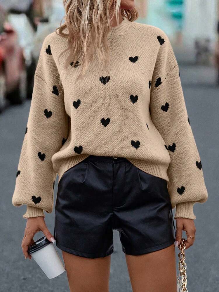 Heart Patterned Dropped Shoulder Casual Sweater, Autumn/Winter Knit Pullover Fall