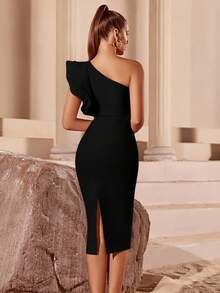 單肩誇張荷葉邊緊身連衣裙 - 黑色 - 查看 2