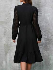 SHEIN Clasi 網紗拼接燈籠袖荷葉邊繫腰帶連衣裙 - 黑色 - 查看 2