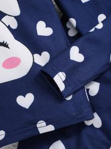 SHEIN Young Girl Rabbit & Heart Print Tee & Pants Snug Fit PJ Set - Royal Blue - View 7