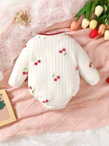 SHEIN Baby Girl Cherry Print Bow Front Contrast Binding Bodysuit - White - View 2