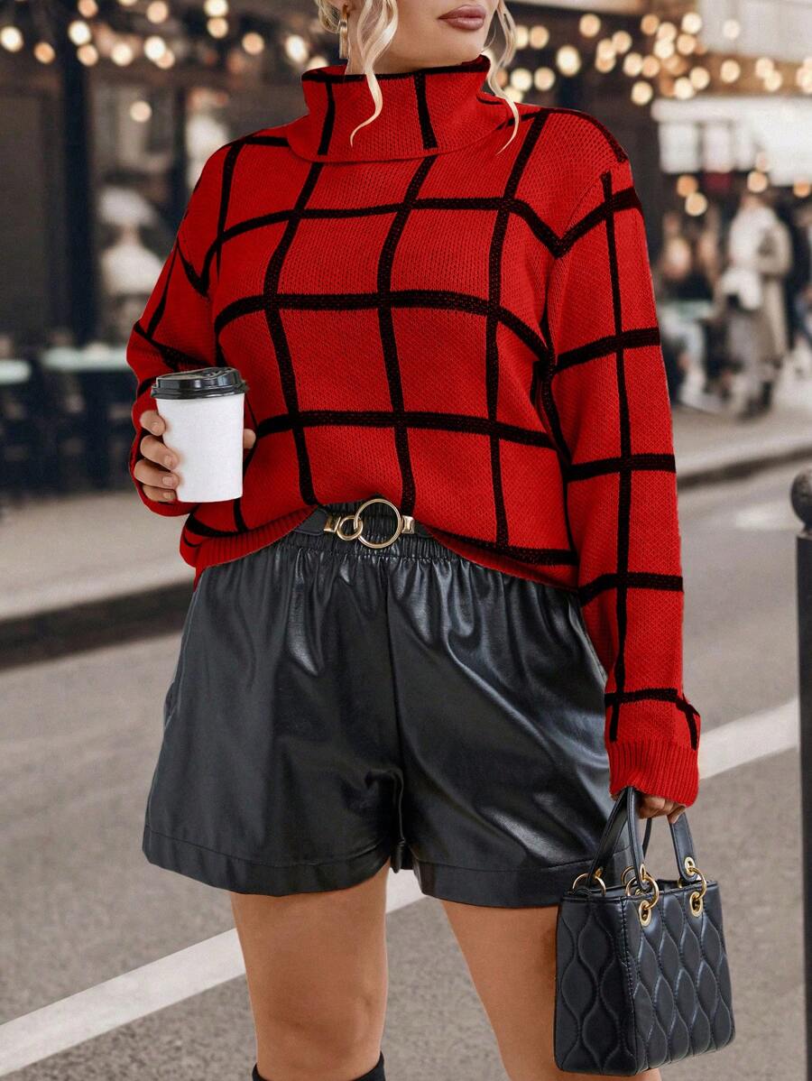 SHEIN LUNE Plus Plaid Pattern Turtleneck Drop Shoulder Sweater - Red - View 1