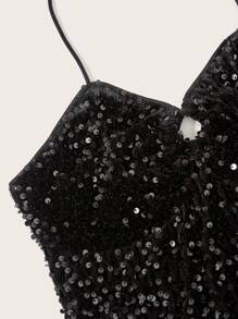 SHEIN ICON 十字交叉後背繫帶亮片掛脖洋裝 - 黑色 - 查看 5