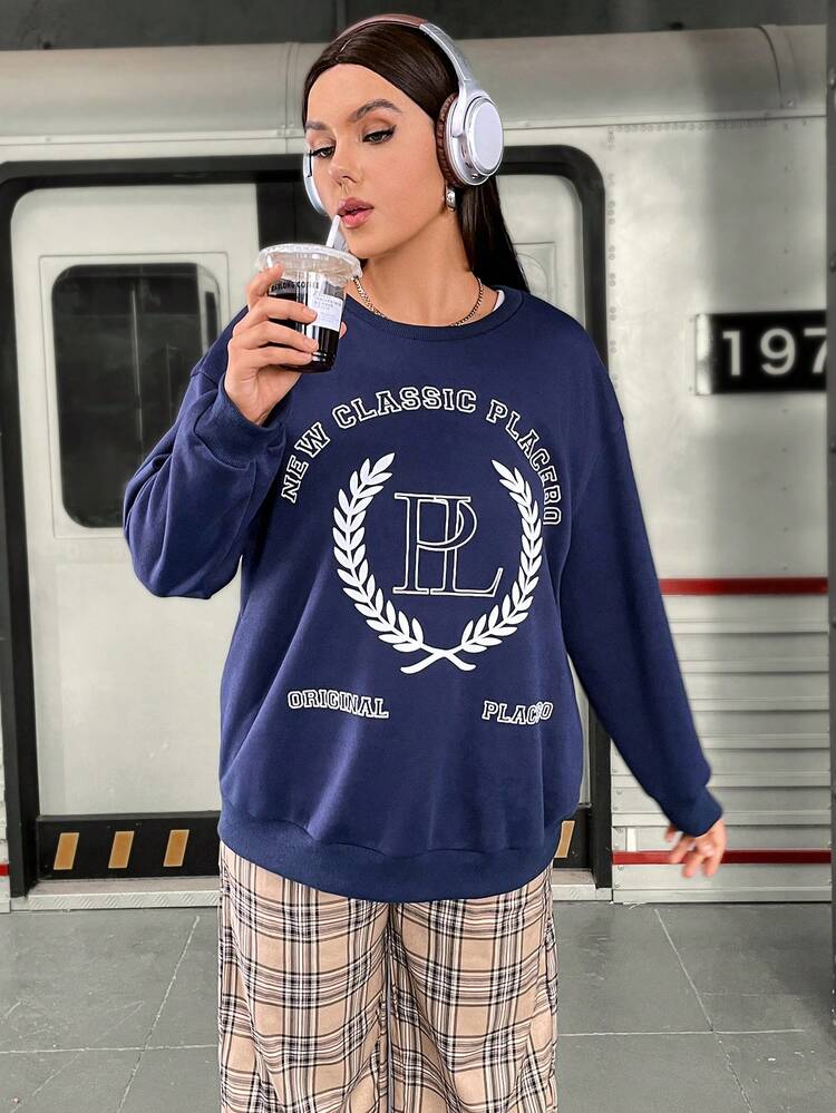 Plus Slogan Graphic Drop Shoulder Sweatshirt Pullover Fall Sweatshirt
