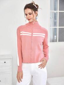 SHEIN EZwear 條紋圖案插肩袖拉鏈開襟開襟衫 - 粉色 - 查看 1