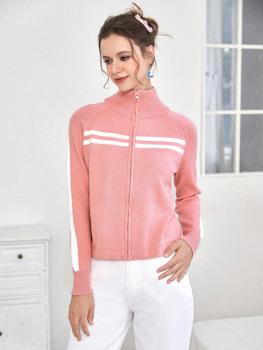 SHEIN EZwear 條紋圖案插肩袖拉鏈開襟開襟衫 - 粉色 - 查看 1