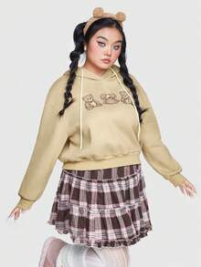 Jelsie Plus Size Teddy Drop Shoulder Drawstring Sweatshirt - Khaki - View 4