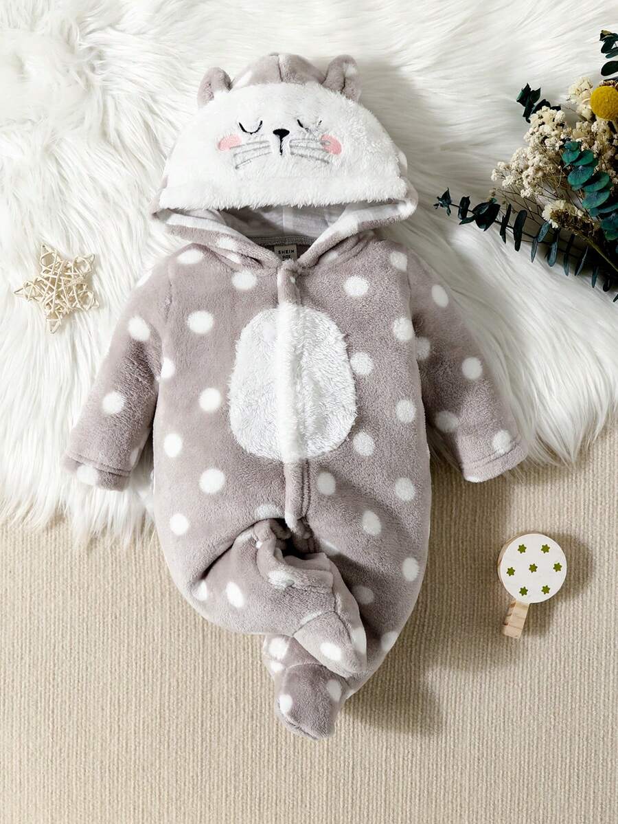 女嬰卡通刺繡3D耳朵設計連帽法蘭絨包腳睡衣套裝