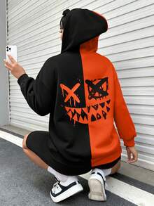 SHEIN EZwear 加大码双色卡通图案落肩卫衣 - 橘色 - 查看 3