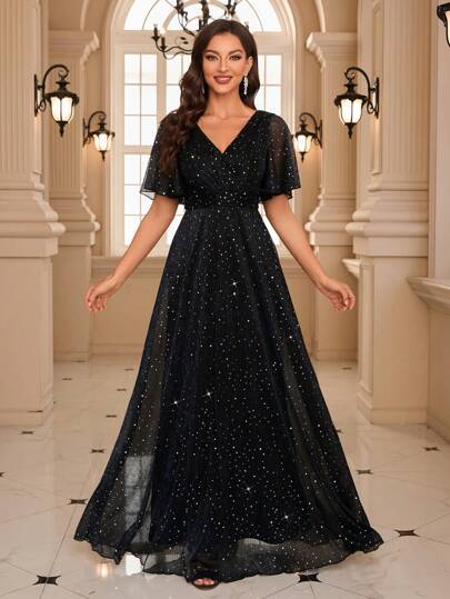 UNITHORSE Flounce Sleeve Glitter Prom Dress Black Elegant Formal Evening Wedding Guest Gown, For Graduation, Dinner Party Dress