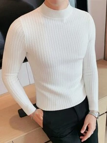 Men Mock Neck Ribbed Knit Sweater - White - View 1