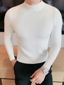 Men Mock Neck Ribbed Knit Sweater - White - View 4