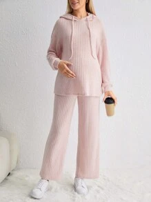 SHEIN Maternity Drop Shoulder Drawstring Hoodie & Adjustable Waist Pants - Pink - View 1