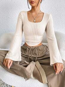 SHEIN EZwear Ren Mộc nhĩ Tay áo kèn  Viền không đối xứng Áo phông Crop - Màu Khaki - Xem 5