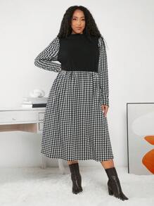 SHEIN CURVE+ 女士加大碼犬牙紋花紋連衣裙 - 黑與白 - 查看 5