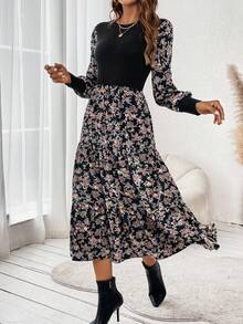 SHEIN Frenchy Vestido con estampado floral de manga farol bajo con fruncido - Negro - Ver 5