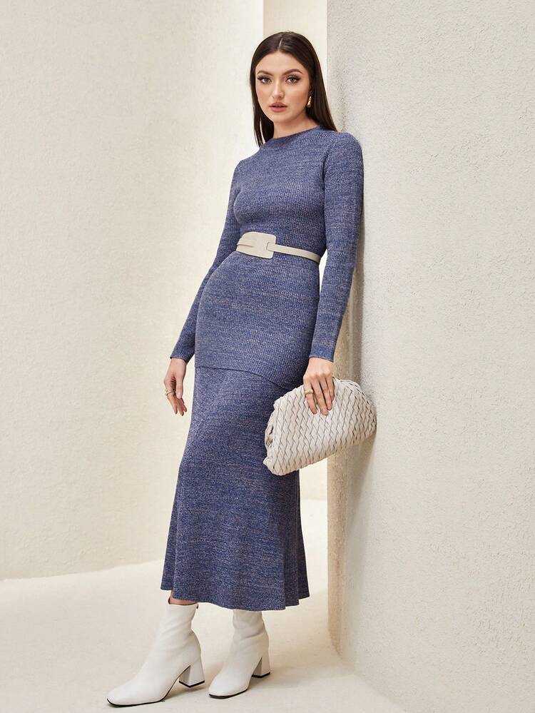 Space Dye Sweater & Mermaid Hem Knit Skirt Without Belt