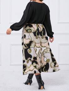 SHEIN Clasi 大碼錬條圖案垂領燈籠袖洋裝 - 彩色 - 查看 2