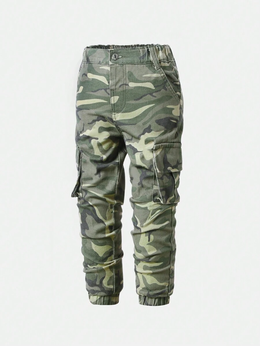 SHEIN Explorewe 男小童迷彩印花翻蓋口袋工裝牛仔褲