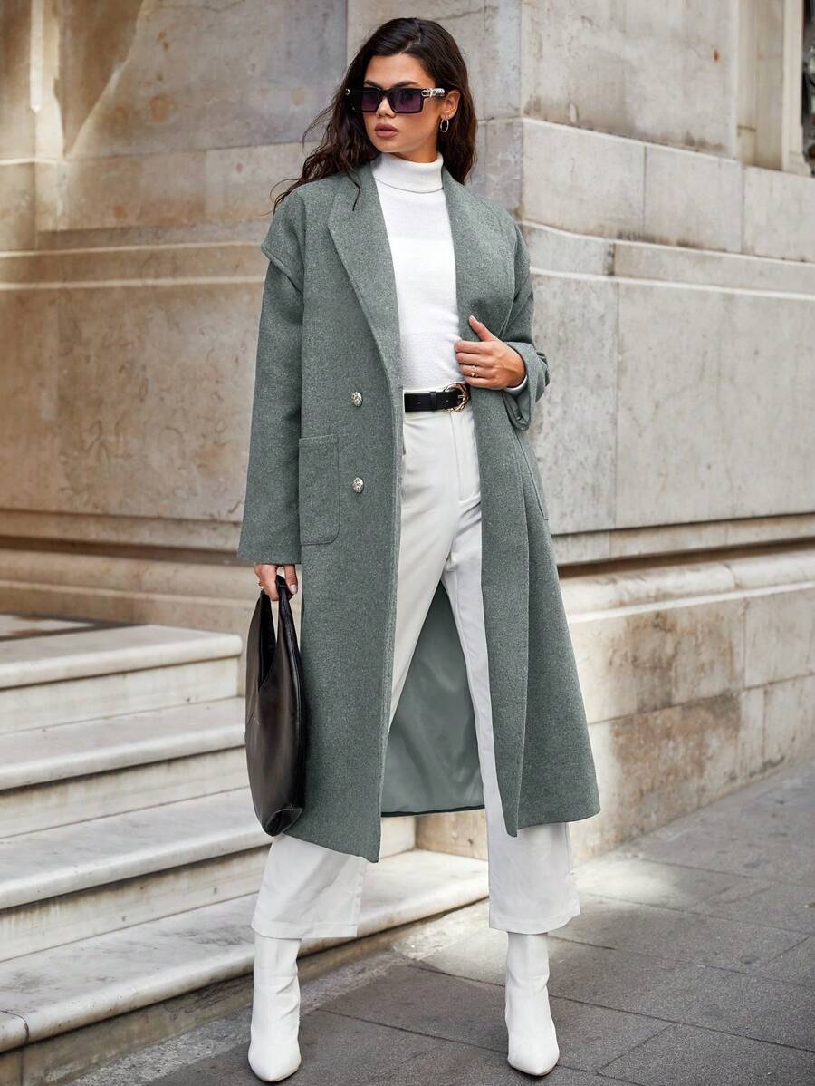 EURMUSE Double Breasted Drop Shoulder Overcoat - Grey - View 1