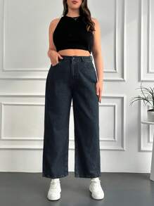 SHEIN Cottnline Plus Size Women's Solid Color Straight Leg Jeans - Dark Grey - View 1