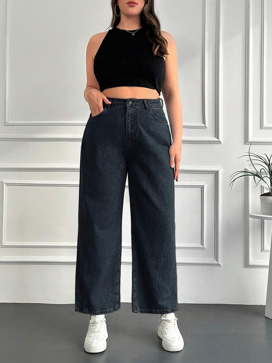SHEIN Cottnline Plus Size Women's Solid Color Straight Leg Jeans - Dark Grey - View 1