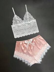 Floral Lace Bralet With Satin Shorts - Multicolor - View 4