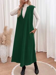 SHEIN LUNE Solid Sleeveless Tunic Dress Without Tee - Green - View 3