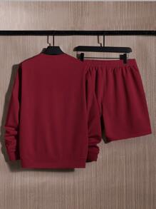 Manfinity VCAY Bộ 2 món áo nỉ trơn màu và quần short thường ngày cho nam, mùa thu - Màu Đỏ Sâu - Xem 2