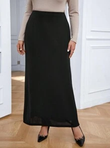 SHEIN Privé Talla grande Falda de talle alto unicolor - Negro - Ver 3