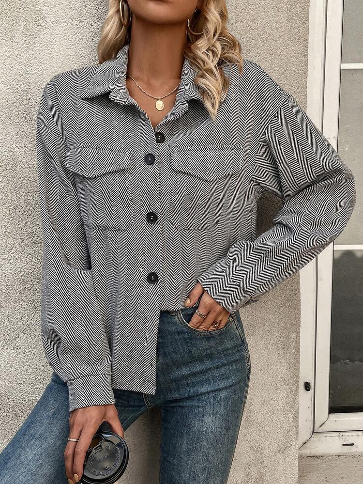 SHEIN LUNE Flap Pocket Drop Shoulder Coat - Grey - View 6