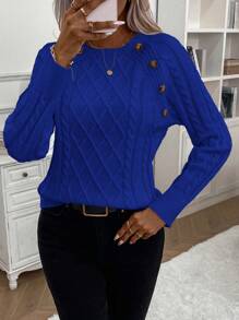 EMERY ROSE Cable Knit Button Detail Raglan Sleeve Sweater,Long Sleeve Tops Knit Pullover Fall Winter Outfit