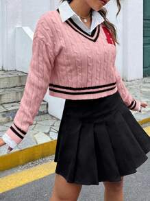 SHEIN EZwear Letter Patched Striped Trim Drop Shoulder Cricket Sweater Without Blouse - Pink - View 6