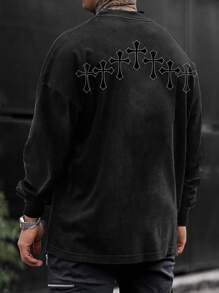 男款十字印花下垂肩鬆身運動衫 - 黑色 - 查看 1