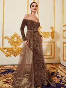 露肩拼接網紗鱼尾下摆的亮片正式晚禮服 - 咖啡棕 - 查看 6