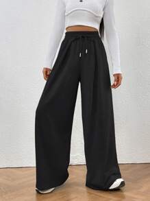 SHEIN LUNE Drawstring Waist Wide Leg Sweatpants - Black - View 3