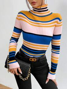 SHEIN Essnce 條紋圖案高領條紋針織套頭毛衣 - 彩色 - 查看 5