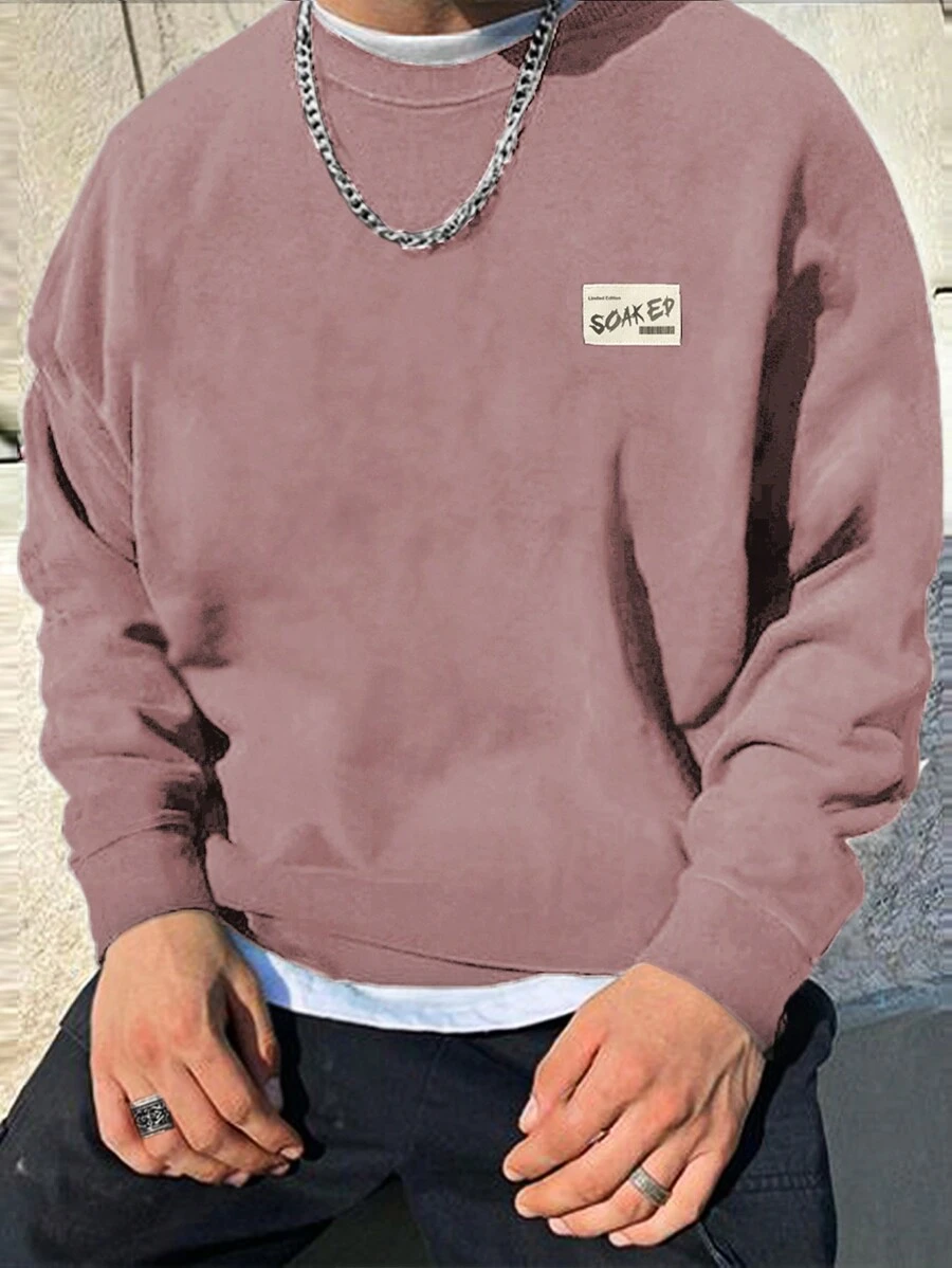 RueChic Men's Fleece Letter Patch Drop Shoulder Sweatshirt - Dusty Pink - View 1